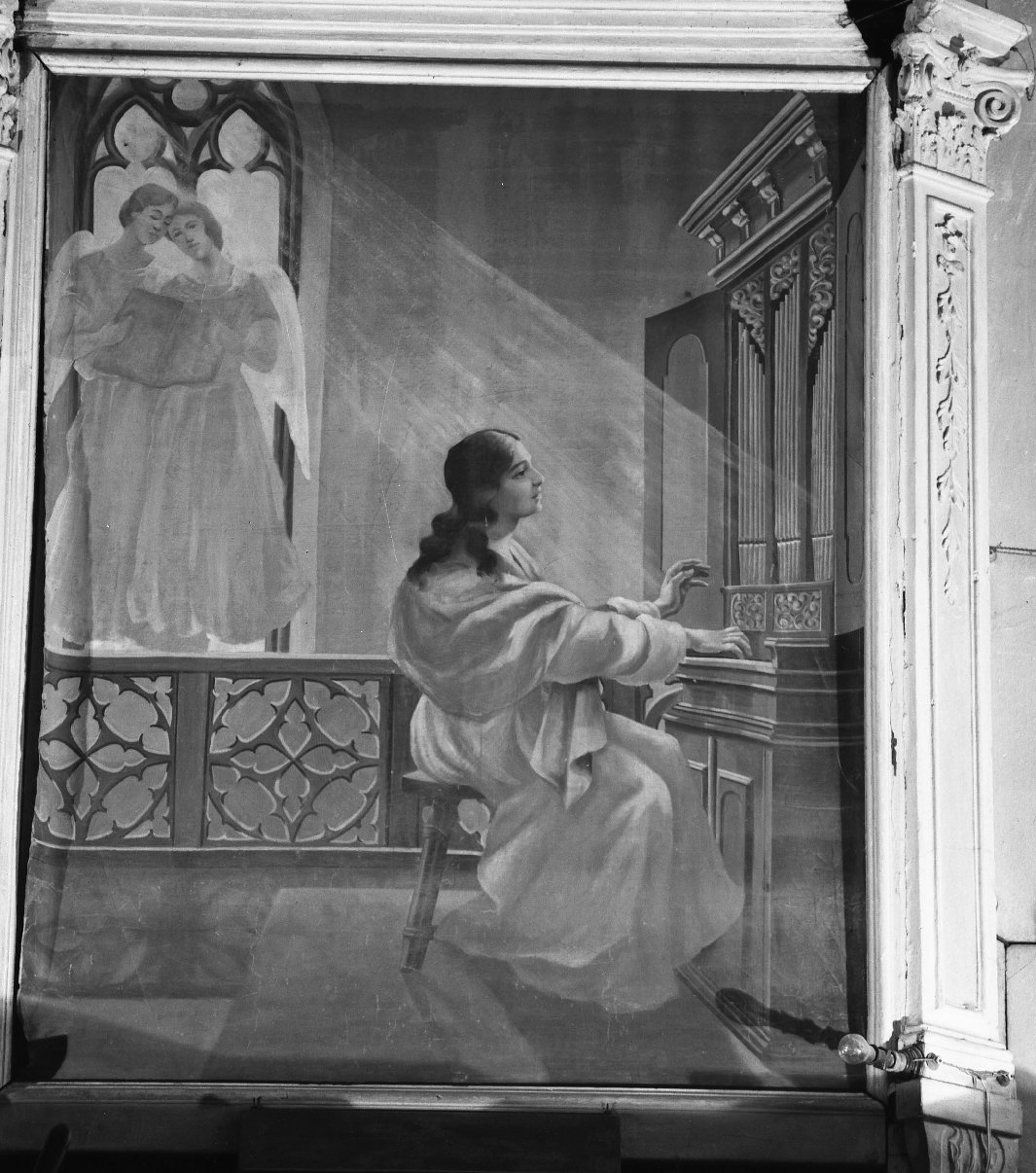 figura femminile che suona l'organo (dipinto) - ambito toscano (inizio sec. XX)