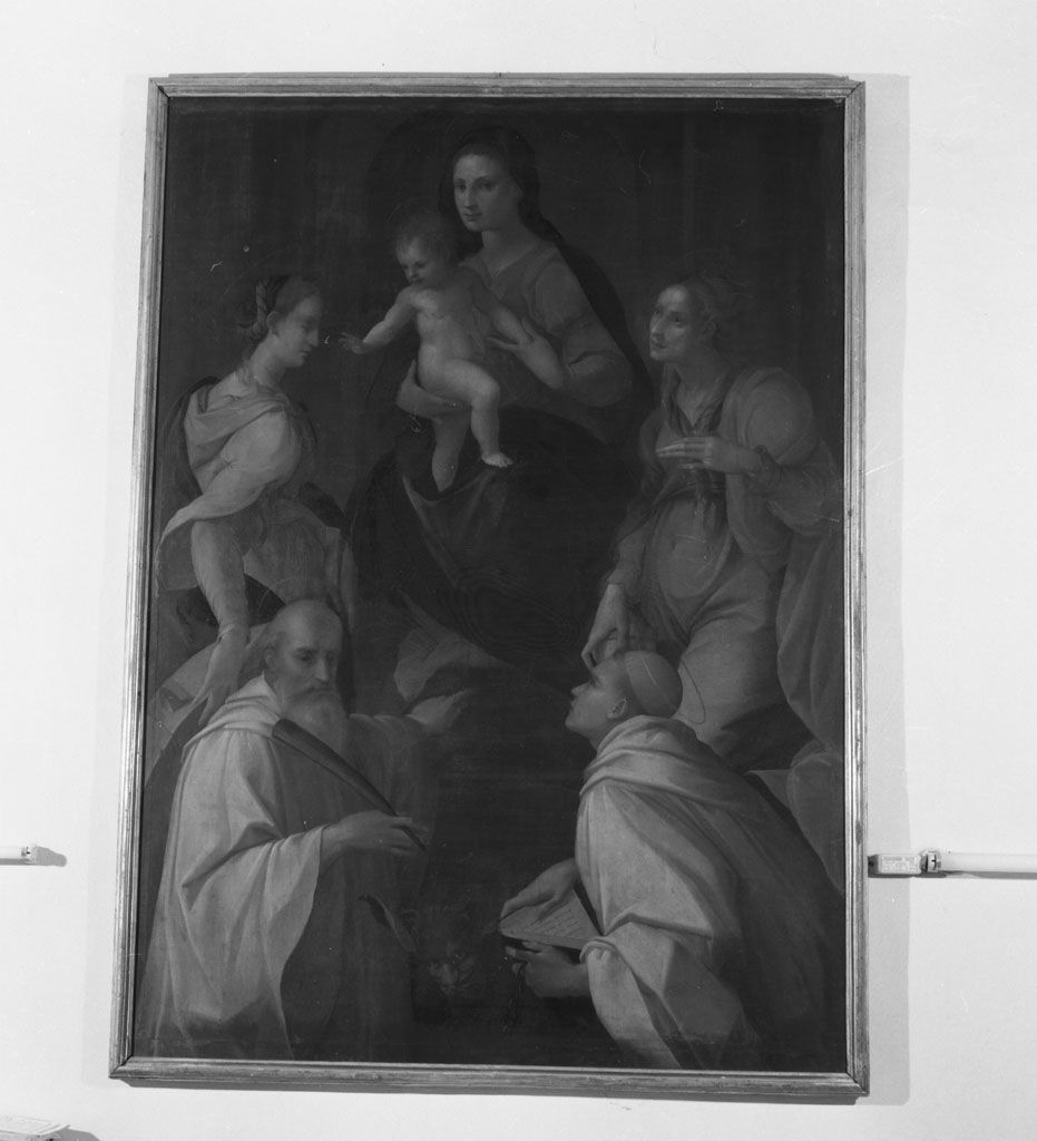 Madonna in trono con Bambino e Santi (dipinto, opera isolata) di Manzuoli Tommaso detto Maso da San Friano (attribuito) (sec. XVI)