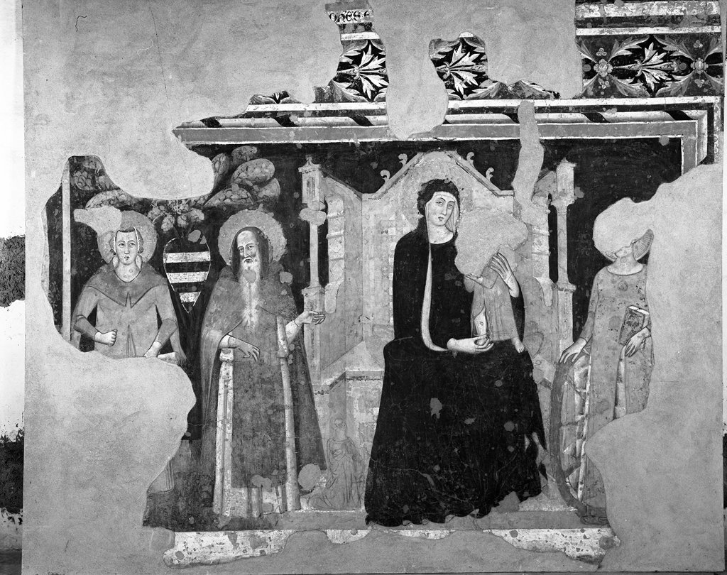 Madonna con Bambino in trono con San Giuliano, Sant'Antonio abate e Santa Caterina d'Alessandria, Madonna con Bambino e Santi (dipinto) - ambito umbro-marchigiano (seconda metà sec. XIV)