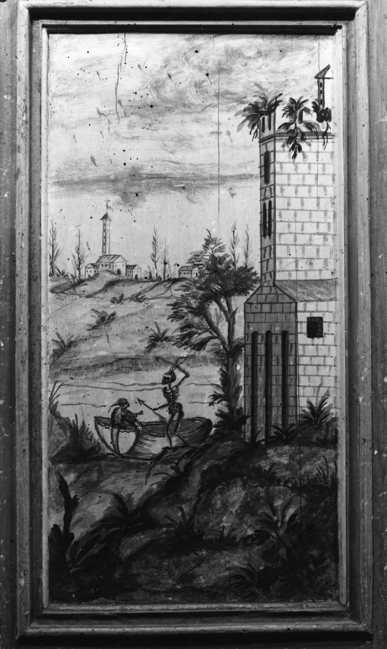 paesaggio fluviale con la morte e un barcaiolo (anta di armadio) - ambito toscano (sec. XVIII)