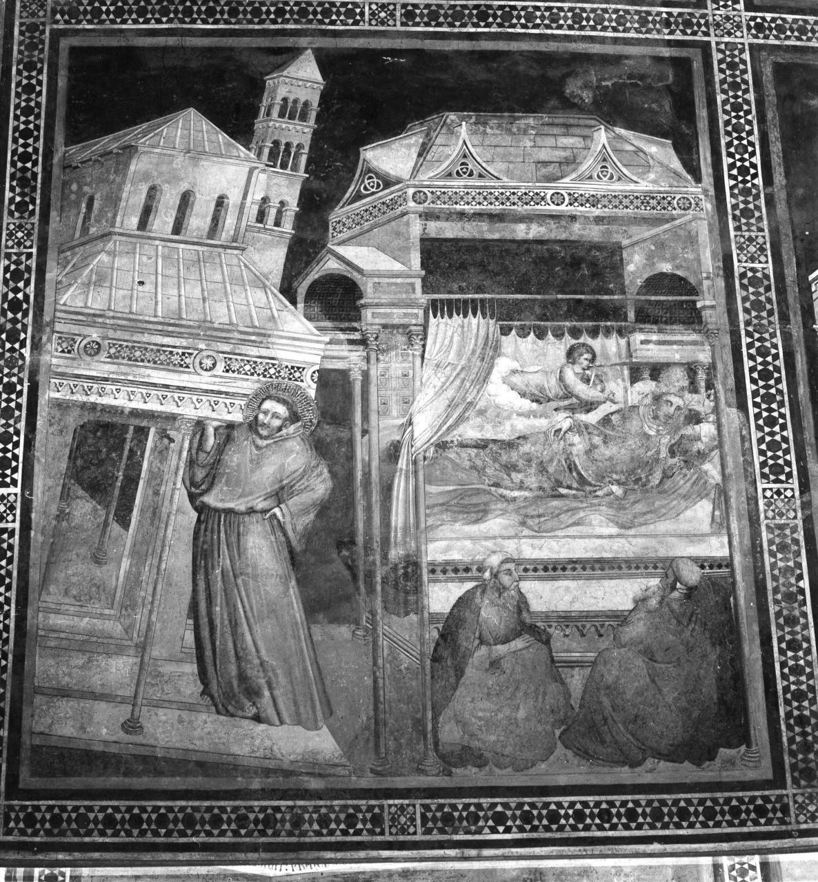 papa Innocenzo III vede in sogno San Francesco d'Assisi sostenere la basilica Lateranense (dipinto) di Scannabecchi Lippo di Dalmasio, Giotto (bottega) (sec. XIV)