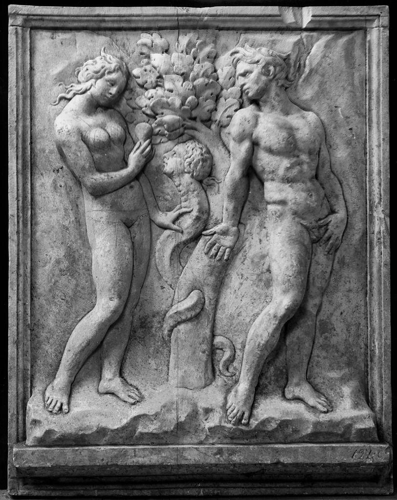 Eva viene persuasa dal serpente a prendere il frutto proibito (calco di formella) - produzione italiana (sec. XIX)
