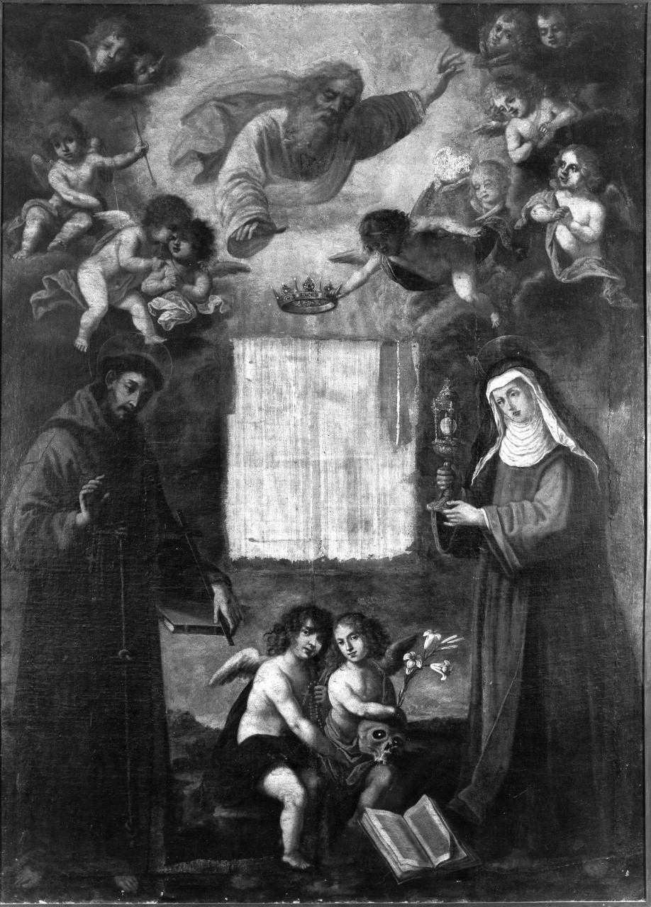 San Francesco d'Assi, Santa Chiara, Dio Padre e Angeli (dipinto) - ambito toscano (fine, inizio sec. XVI, sec. XVII)