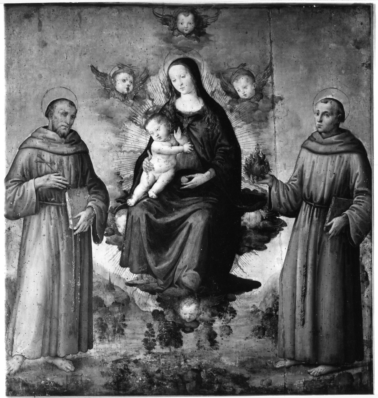 Madonna con Bambino con San Francesco d' Assisi e Sant'Antonio da Padova (dipinto) di Raffaellino del Garbo (scuola) (fine sec. XV)