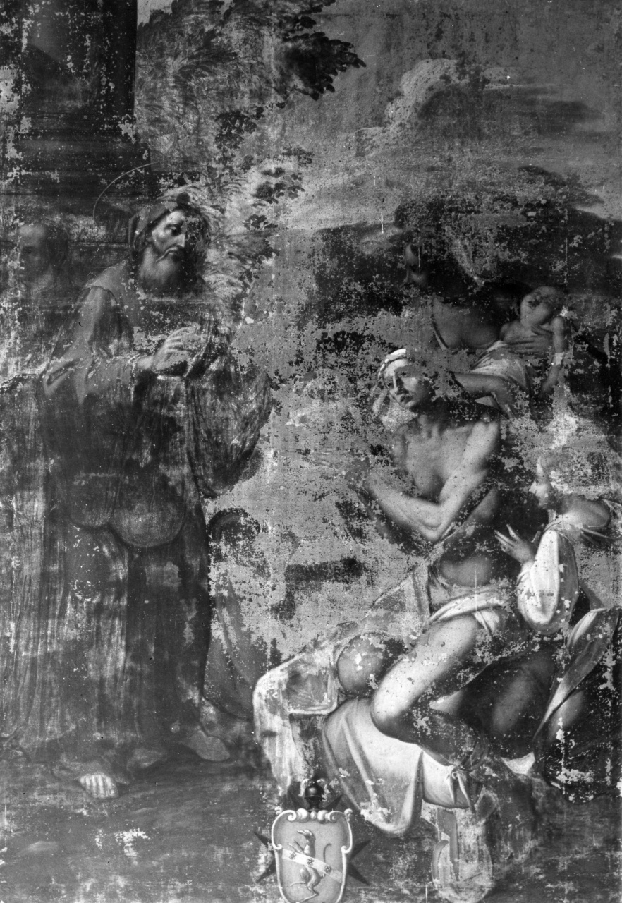 San Francesco di Paola guarisce un neonato ammalato, storie della vita di San Francesco da Paola (dipinto) di Tais Giacomo (sec. XVIII)
