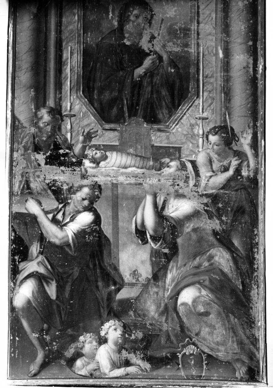 San Francesco di Paola guarisce un neonato ammalato, storie della vita di San Francesco da Paola (dipinto) di Tais Giacomo (sec. XVIII)