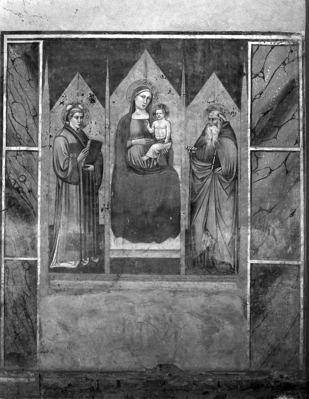 Madonna con Bambino in trono con santo Stefano e sant'Antonio abate (dipinto) di Nelli Pietro (sec. XIV)