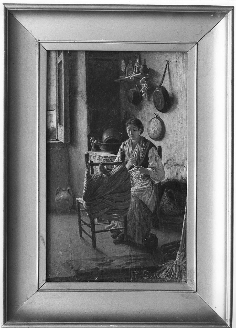donna in un interno che cuce (dipinto) di Saltini Pietro (ultimo quarto sec. XIX)