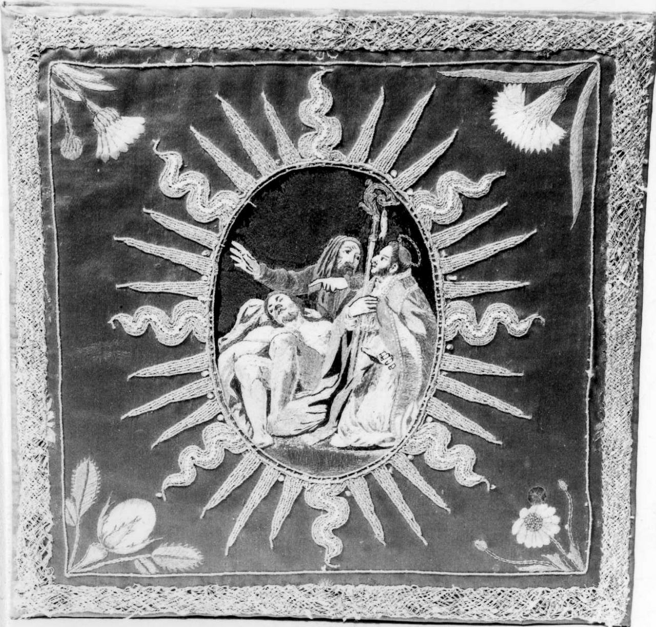 motivi decorativi vegetali, San Carlo Borromeo soccorre un appestato (velo di calice) - manifattura toscana, manifattura pistoiese (sec. XVII)