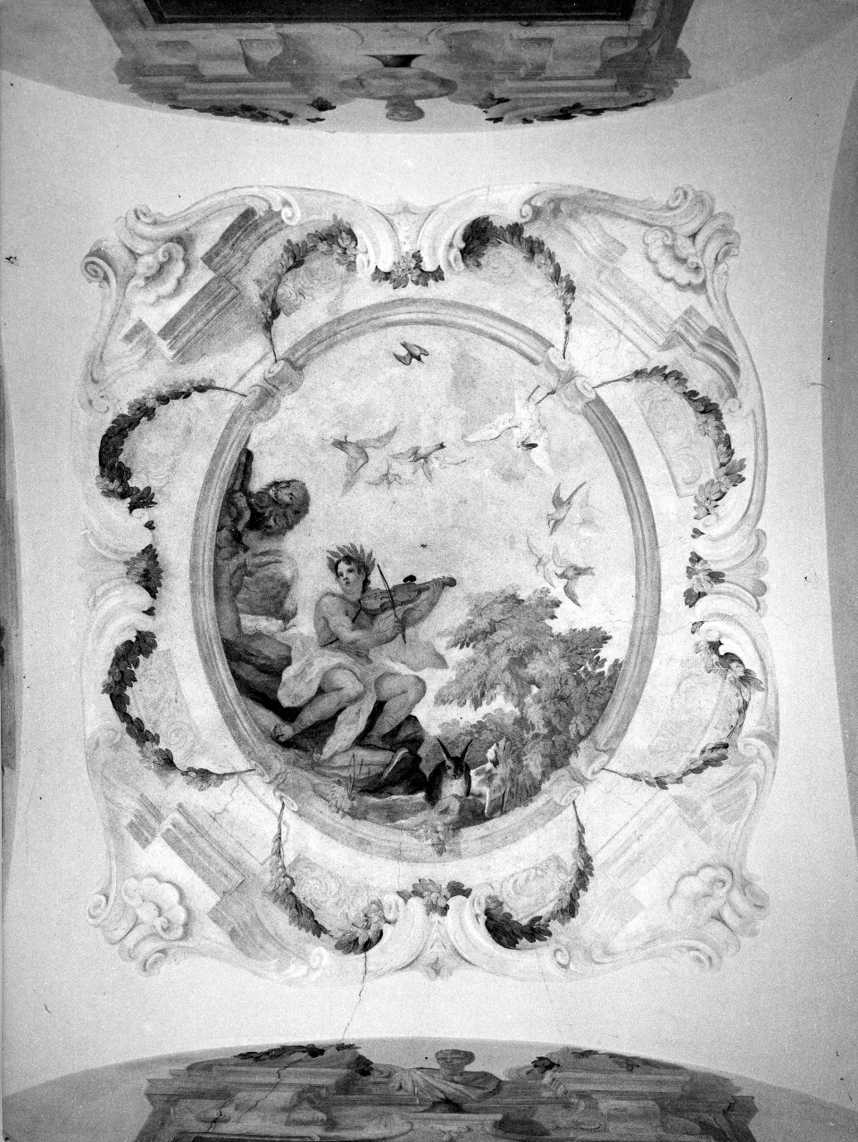 Orfeo incanta gli animali con la musica (soffitto dipinto) di Dandini Pietro (bottega) (sec. XVII)