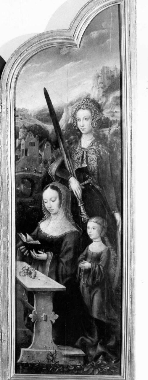 figura femminile inginocchiata con bambina e Santa Caterina d'Alessandria (sportello, elemento d'insieme) di Maestro di Francoforte (prima metà sec. XVI)
