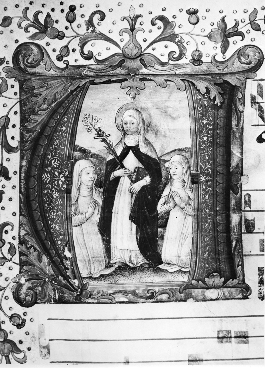 Santa Caterina da Siena e due monache in preghiera (miniatura) di Boccardi Giovanni detto Boccardino il Vecchio (fine/inizio secc. XV/ XVI)