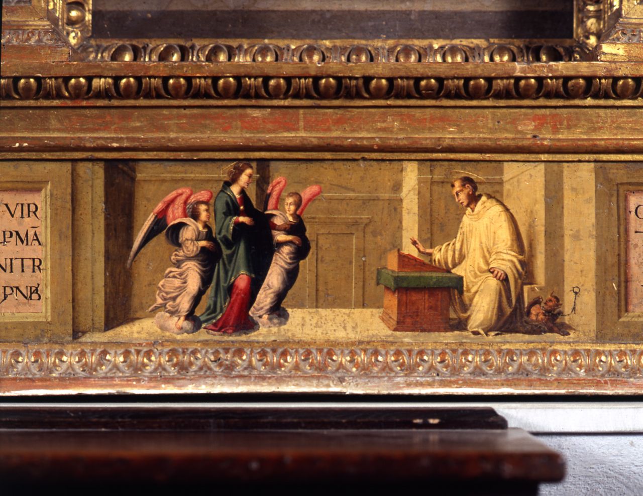 apparizione della Madonna a San Bernardo scrivente (dipinto) di Sogliani Giovanni Antonio (bottega) (prima metà sec. XVI)