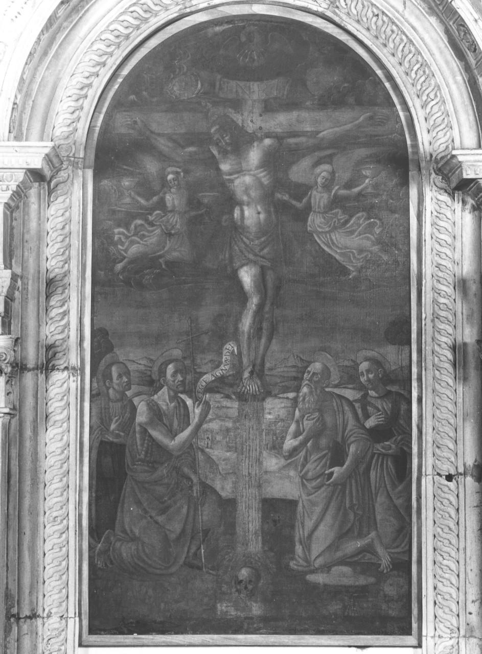 Cristo crocifisso tra i Santi Giovanni Battista, Girolamo Cosma e Damiano (dipinto) di Rosselli Cosimo (bottega) (fine sec. XV)