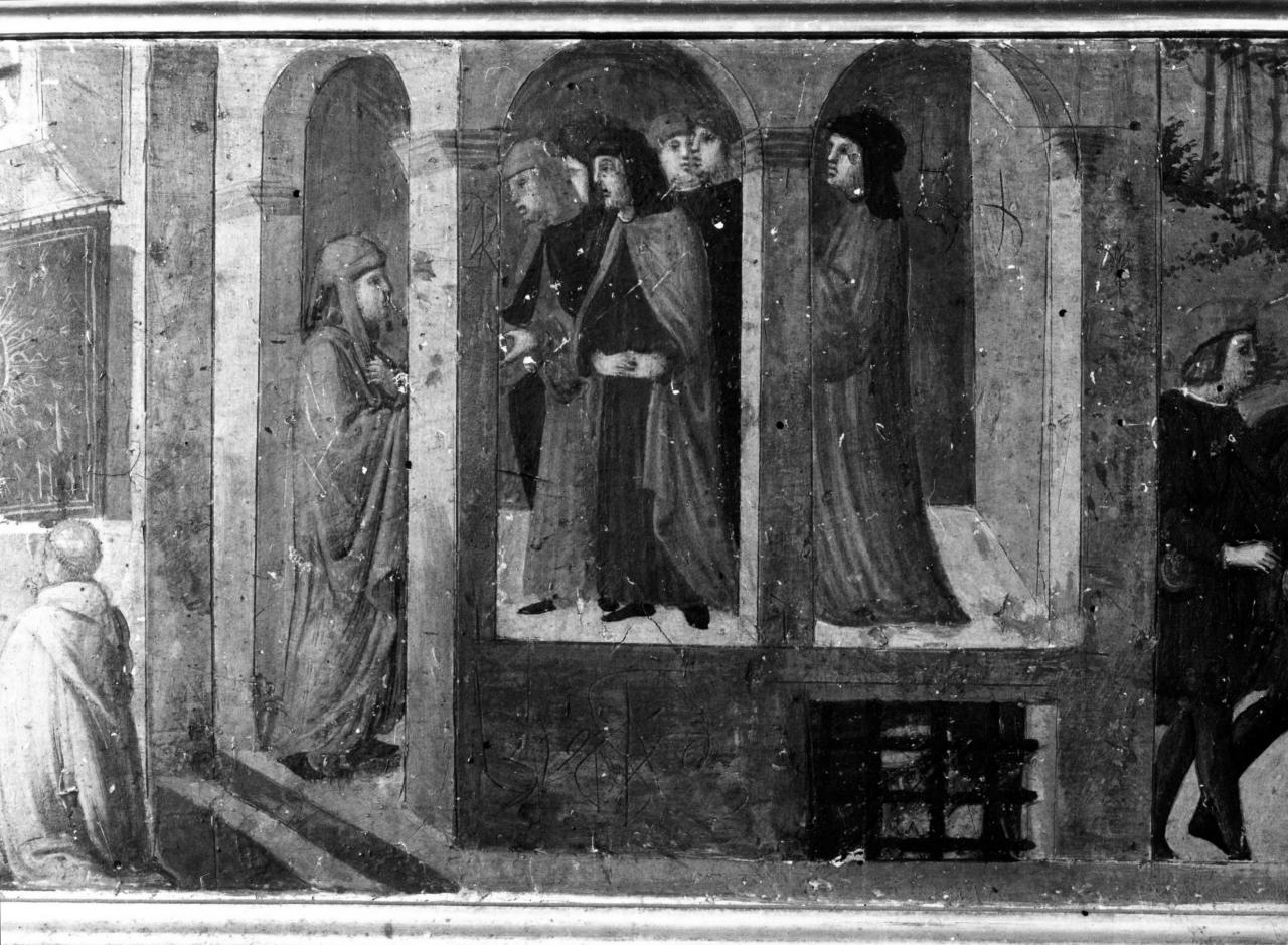 Andrea Dazzi consegna il messaggio di sant'Andrea Corsini ai Dieci che lo imprigionano in attesa della vittoria promessa (scomparto di predella) - ambito fiorentino (sec. XV)
