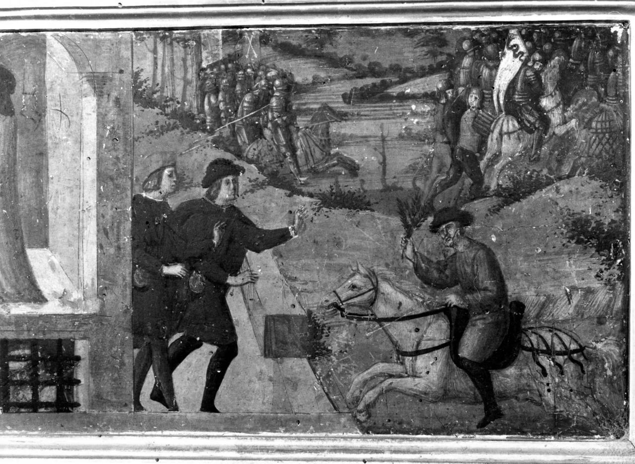 messaggero annuncia la vittoria d'Anghiari prevista da sant'Andrea Corsini (scomparto di predella) - ambito fiorentino (sec. XV)