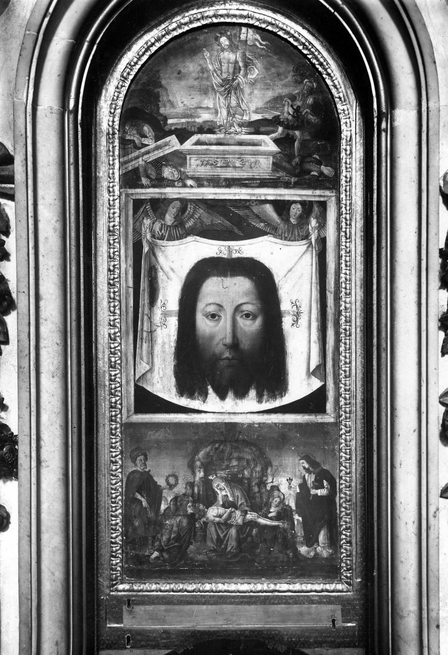 compianto sul Cristo morto, volto di Cristo, resurrezione di Cristo (sportello di tabernacolo) - ambito fiorentino (secc. XV/ XVI)
