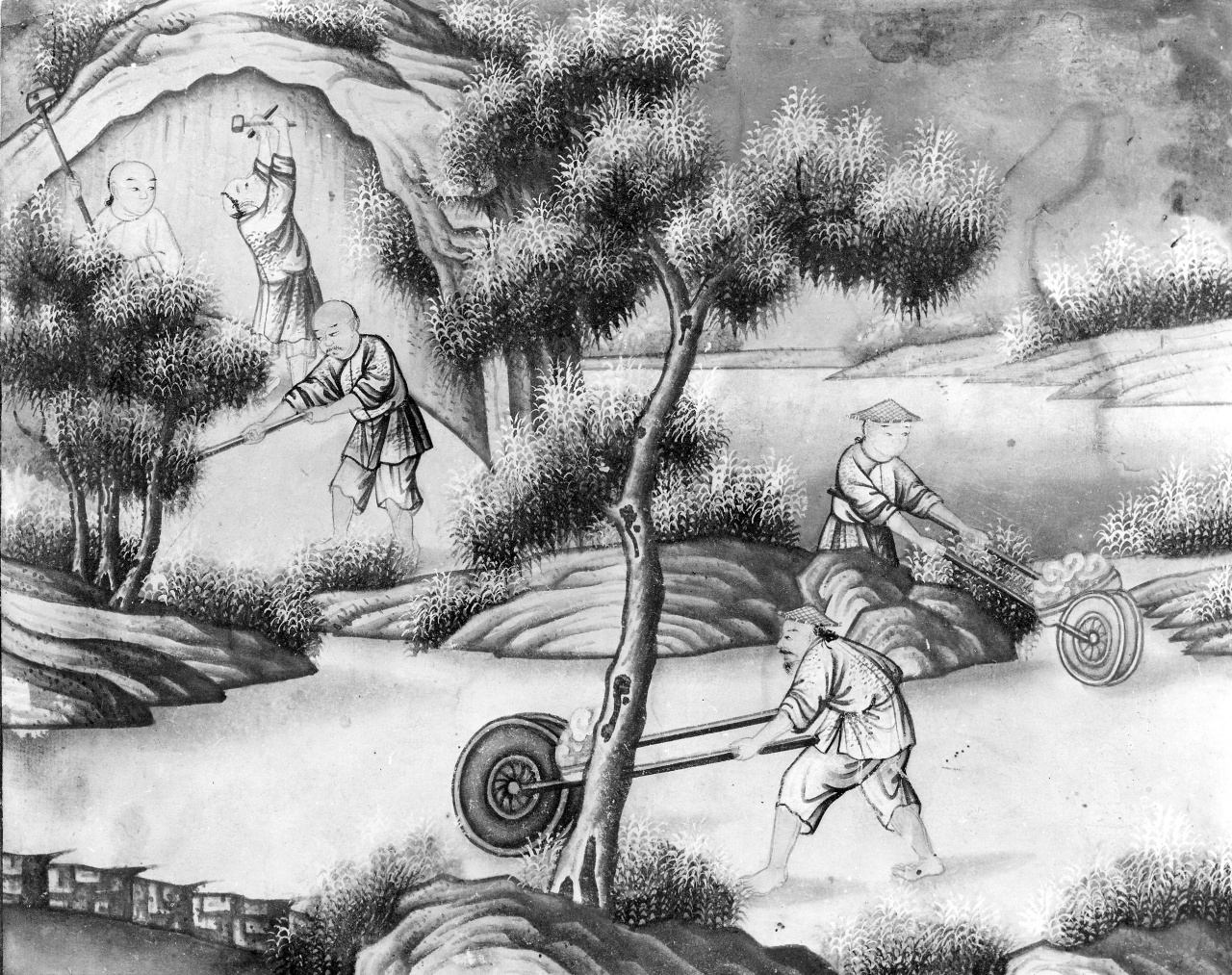 estrazione del kaolino, lavoratori (dipinto) - ambito cinese (sec. XVIII)
