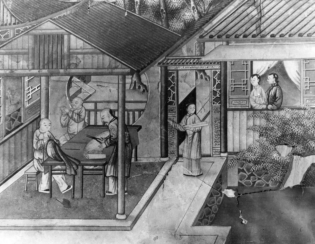 laboratorio di sartoria (dipinto) - ambito cinese (sec. XVIII)