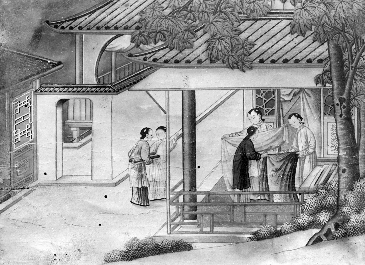 laboratorio di sartoria (dipinto) - ambito cinese (sec. XVIII)