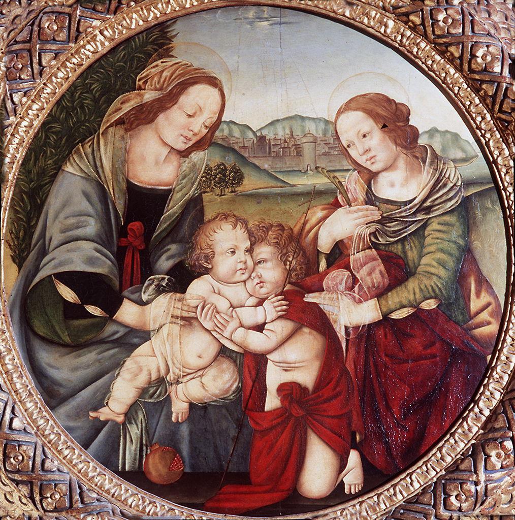 Madonna con Bambino, San Giovannino, Santa (dipinto) di Lorenzo di Credi (cerchia) (sec. XVI)