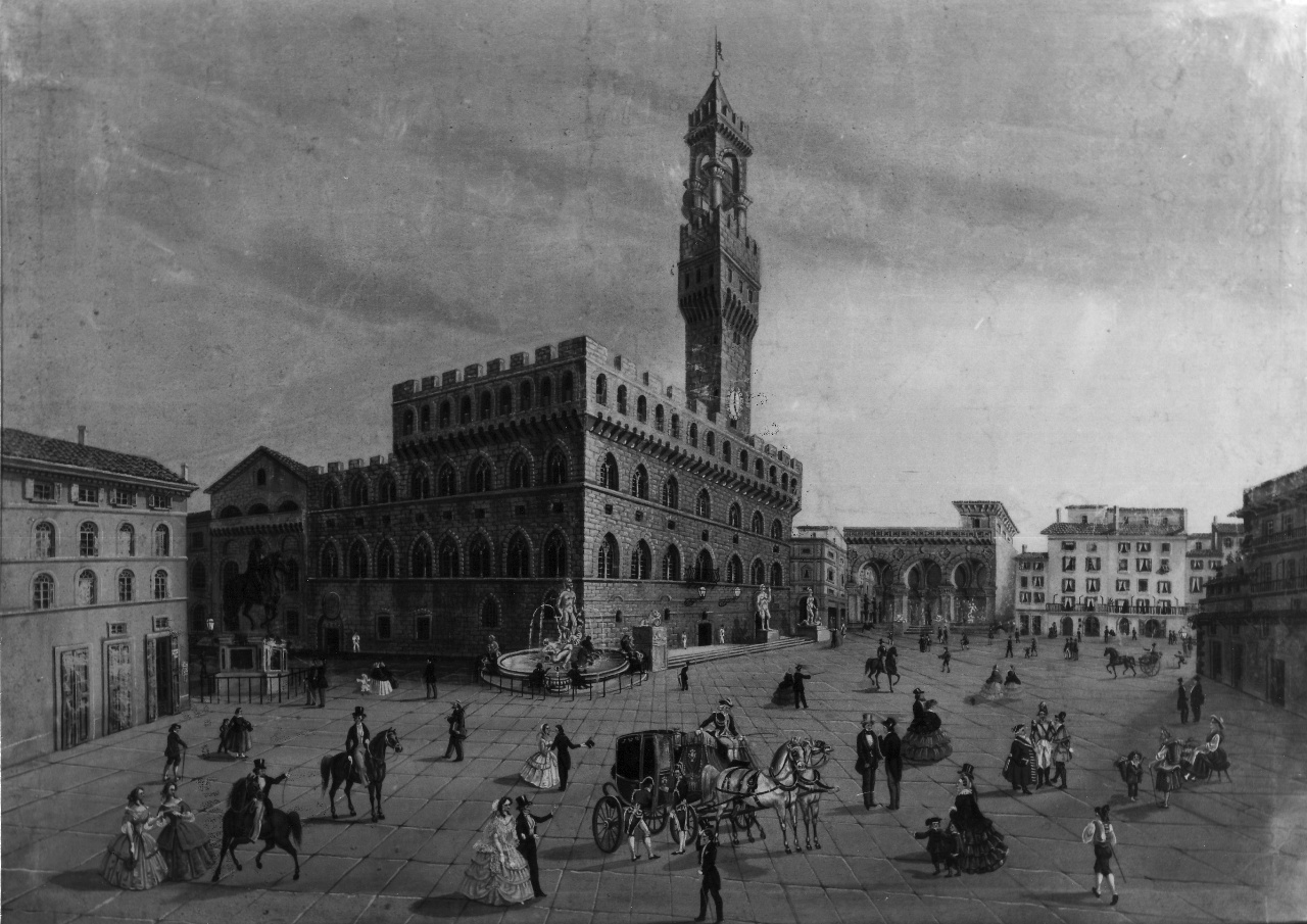 veduta fantastica di piazza della Signoria col "tetto dei Pisani" (dipinto) - ambito fiorentino (metà sec. XIX)