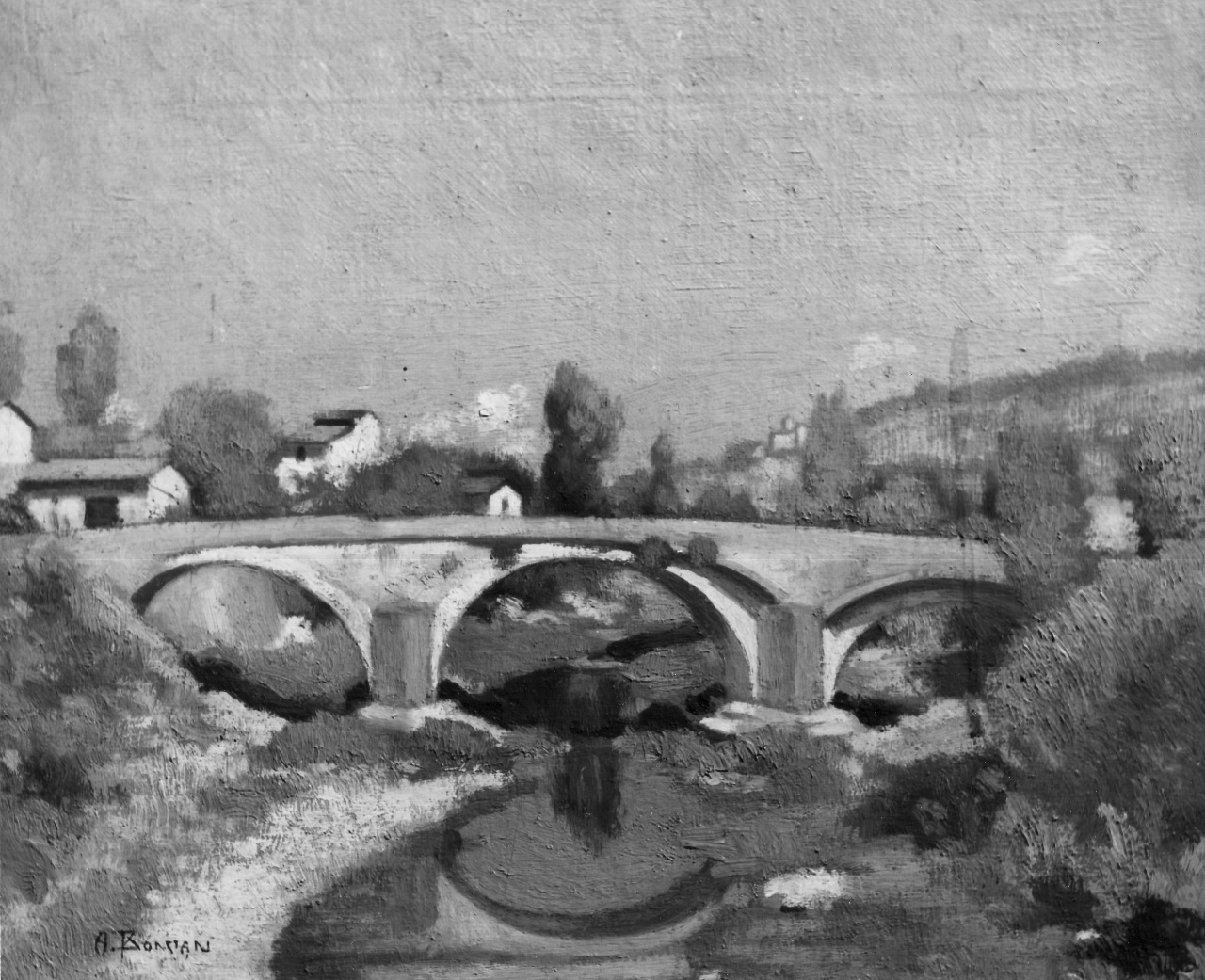 paesaggio con ponte (dipinto) di Bonciani Alfredo (secondo quarto sec. XX)