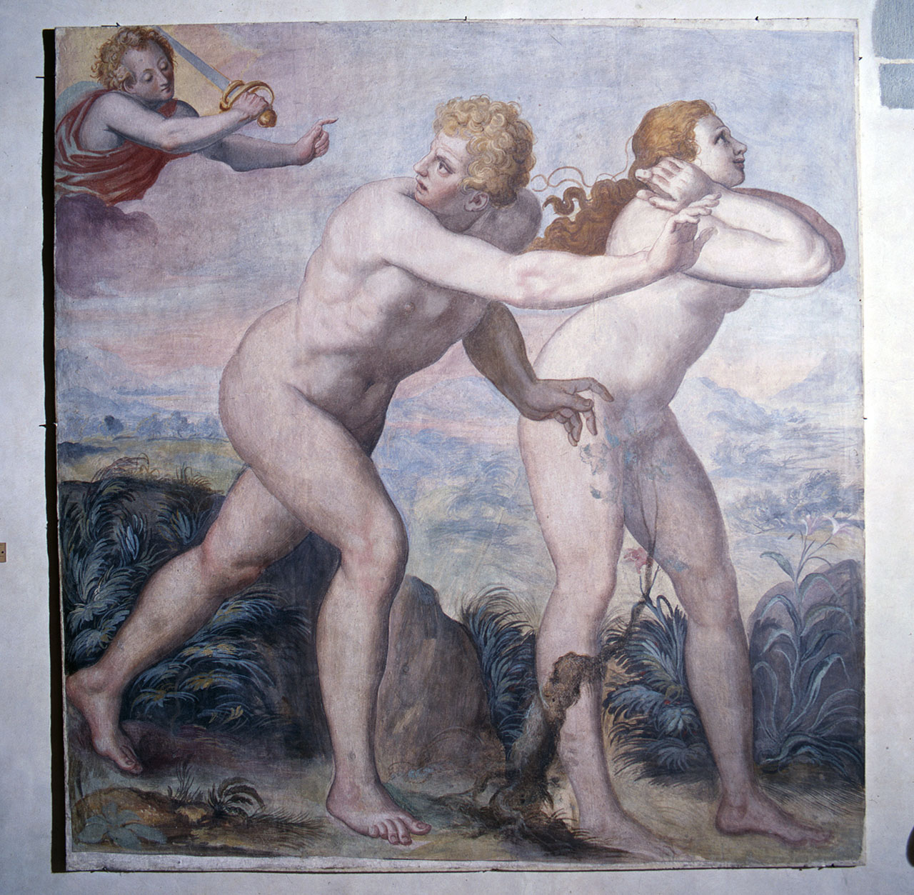 cacciata di Adamo ed Eva dal paradiso terrestre (dipinto) di Allori Alessandro (scuola) (ultimo quarto sec. XVI)