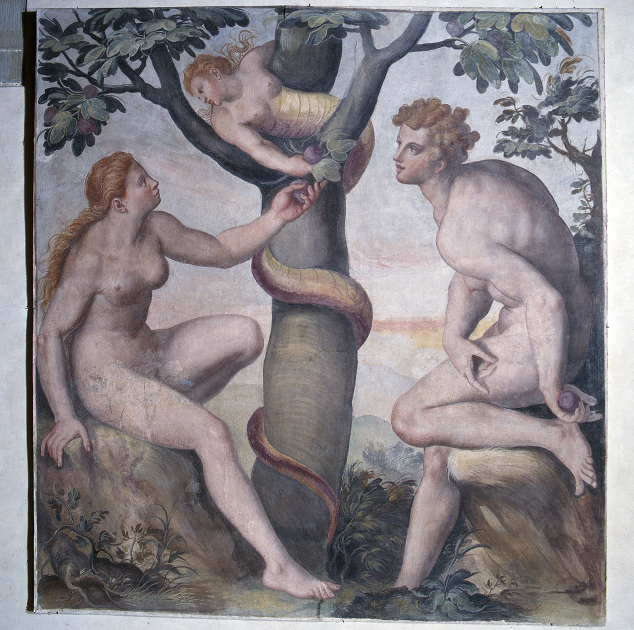 tentazione e caduta di Adamo e Eva (dipinto) di Allori Alessandro (scuola) (ultimo quarto sec. XVI)