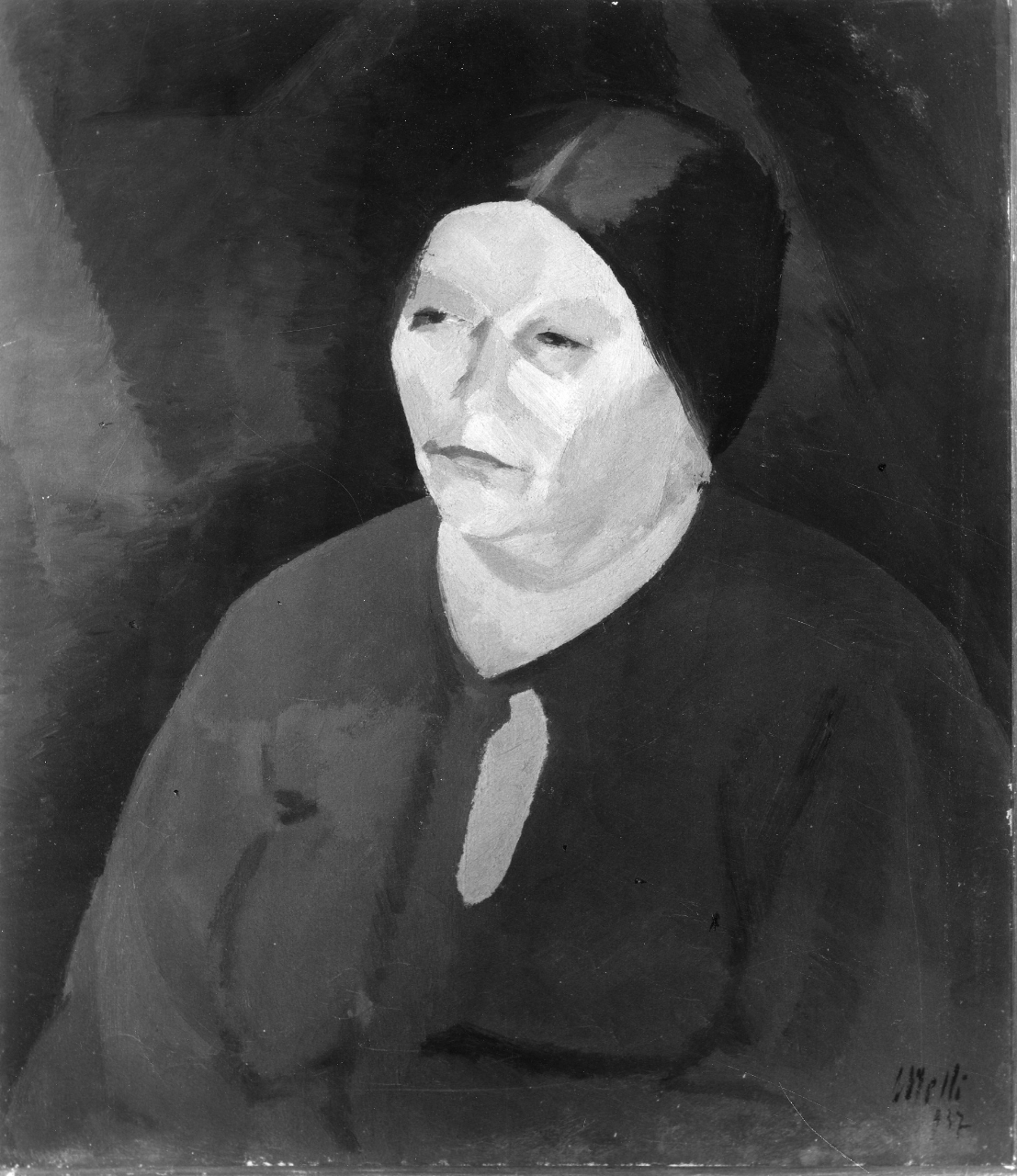 Busto della moglie in rosso, donna di profilo con cappello (dipinto) di Melli Roberto (sec. XX)