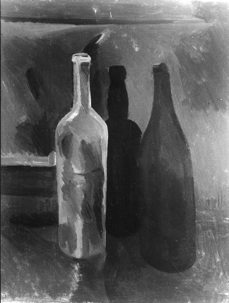 Bottiglie scure, natura morta con bottiglie (dipinto) di Melli Roberto (secondo quarto sec. XX)