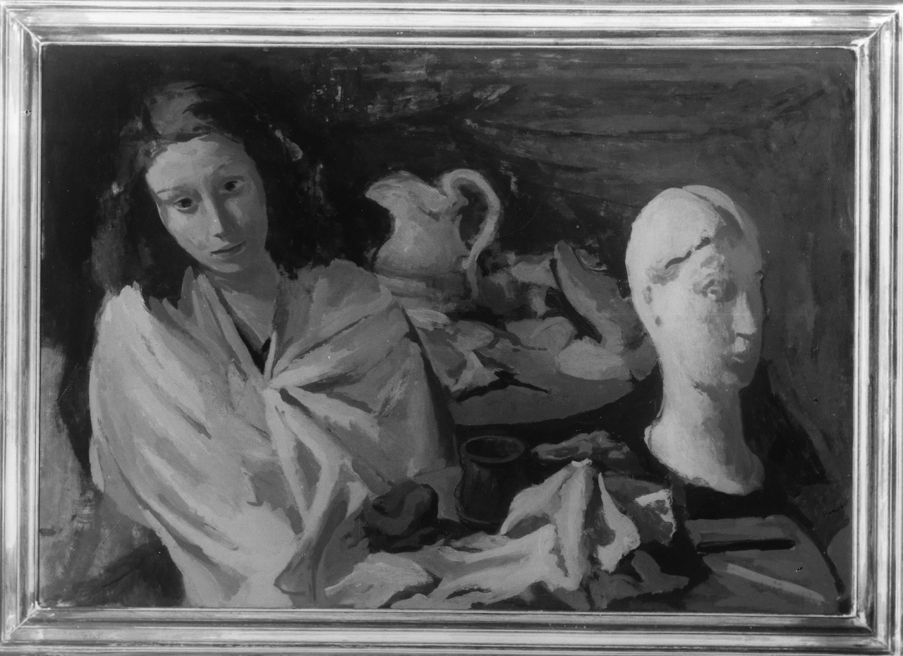 Composizione, busto di giovane donna con natura morta (dipinto) di Menzio Francesco (sec. XX)