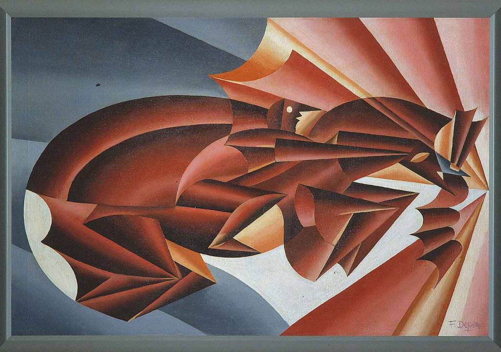 Nitrito in velocità, lanceri a cavallo in corsa (dipinto) di Depero Fortunato (sec. XX)