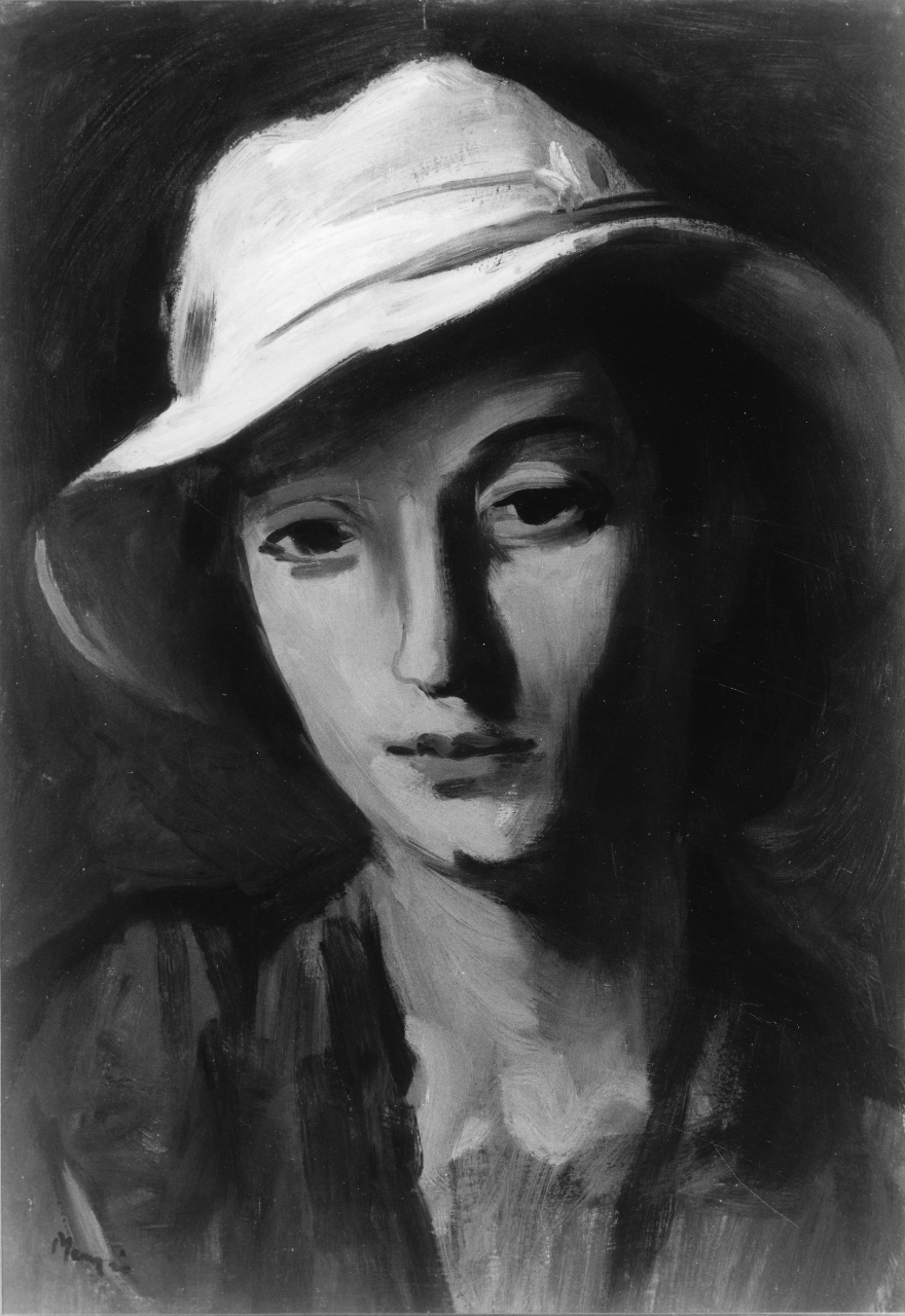 Testa di donna, testa di donna con cappello (dipinto) di Menzio Francesco (sec. XX)