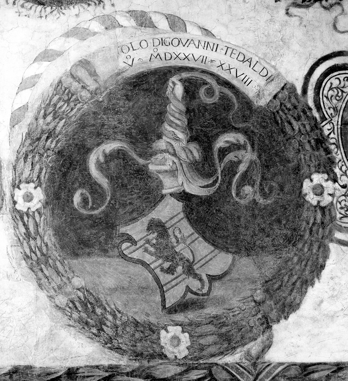 stemma gentilizio della famiglia Tebaldi in clipeo laureato (dipinto) - ambito toscano (sec. XVI)