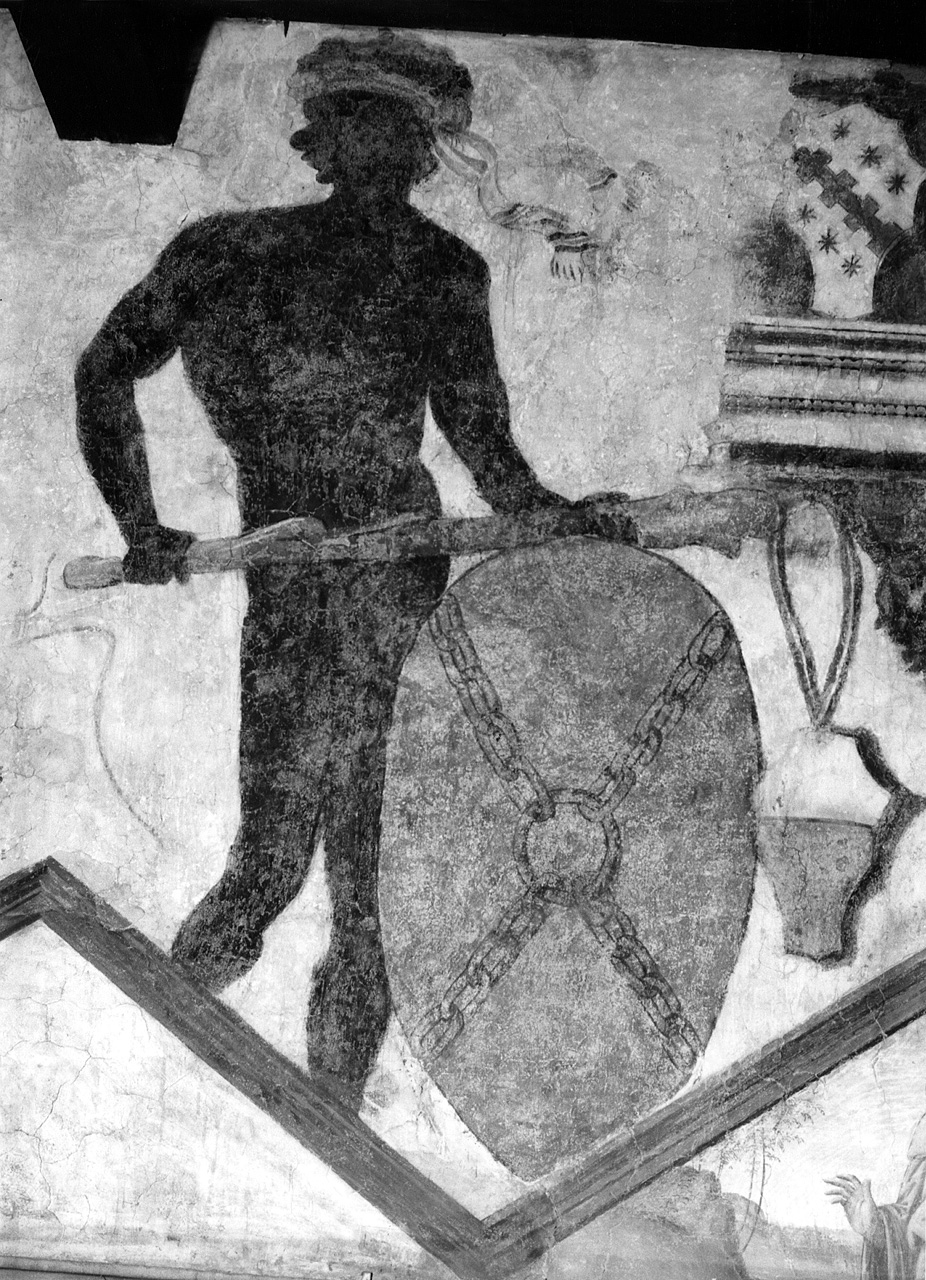 figura maschile con stemma gentilizio della famiglia Alberti (dipinto) - ambito toscano (prima metà sec. XV)
