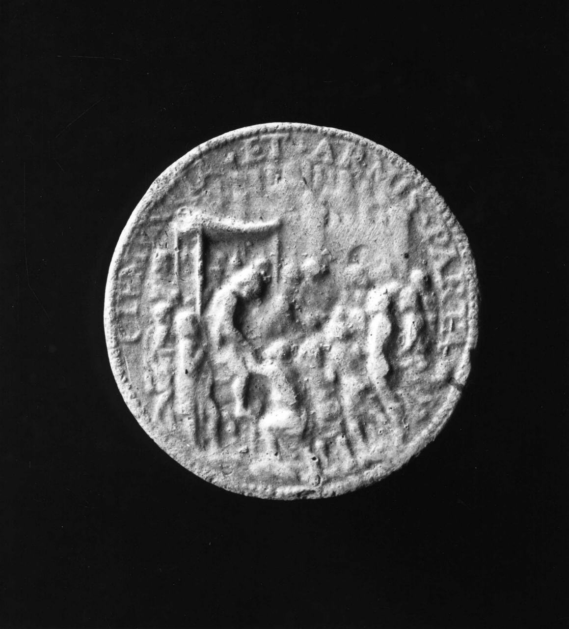 Francesco Sforza a cavallo, sotto un baldacchino, riceve l'omaggio di cittadini (calco di medaglia) di Lelli Oronzio (bottega) (sec. XIX)