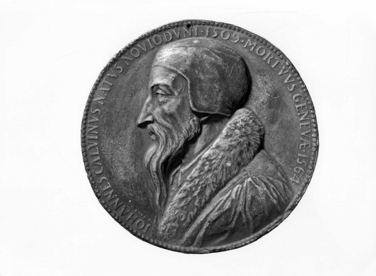 ritratto di Giovanni Calvino (calco di medaglia) di Lelli Oronzio (bottega) (sec. XIX)