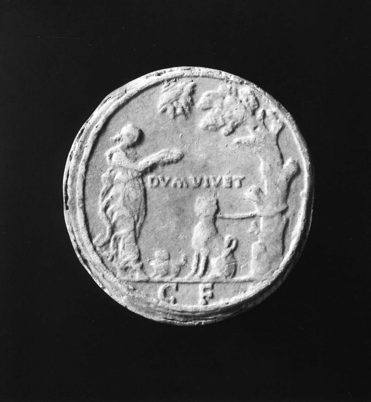 donna che incorona un leone legato a un albero (calco di medaglia) di Lelli Oronzio (bottega) (sec. XIX)