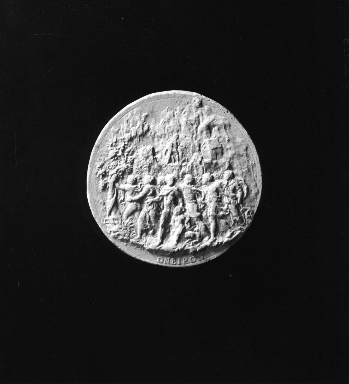 gruppo di persone in cammino verso una pianta di vite (calco di medaglia) di Lelli Oronzio (bottega) (sec. XIX)