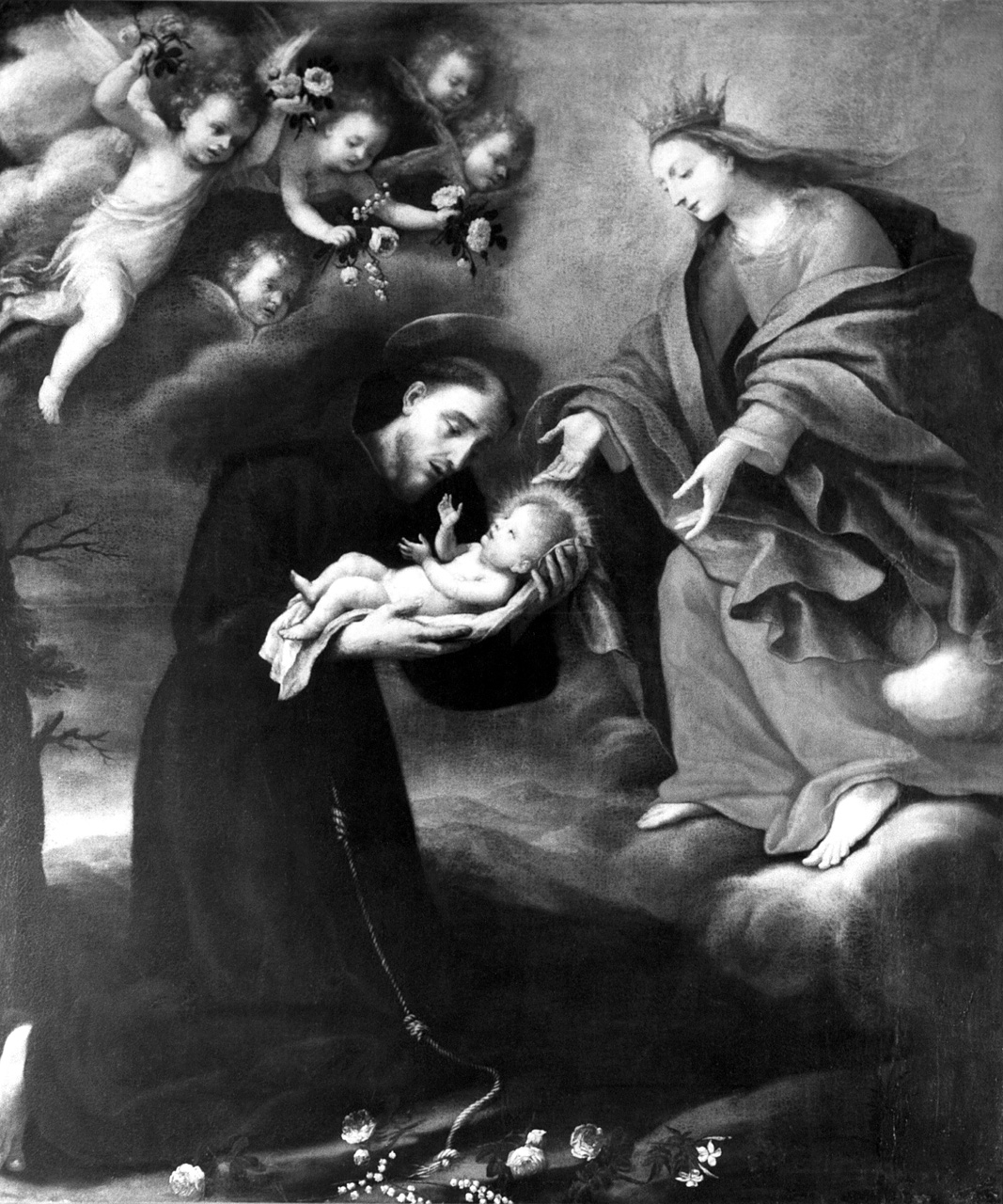 San Francesco d'Assisi riceve Gesù Bambino dalla Madonna (dipinto) - ambito toscano (sec. XVII)