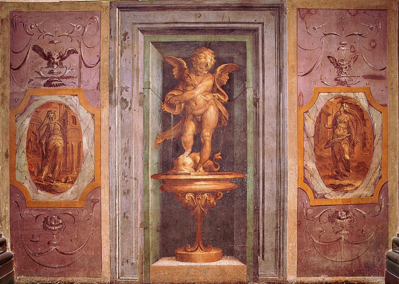 figure allegoriche femminili/ fontana con putto alato e delfino (dipinto) di Gherardi Cristofano detto Doceno (sec. XVI)