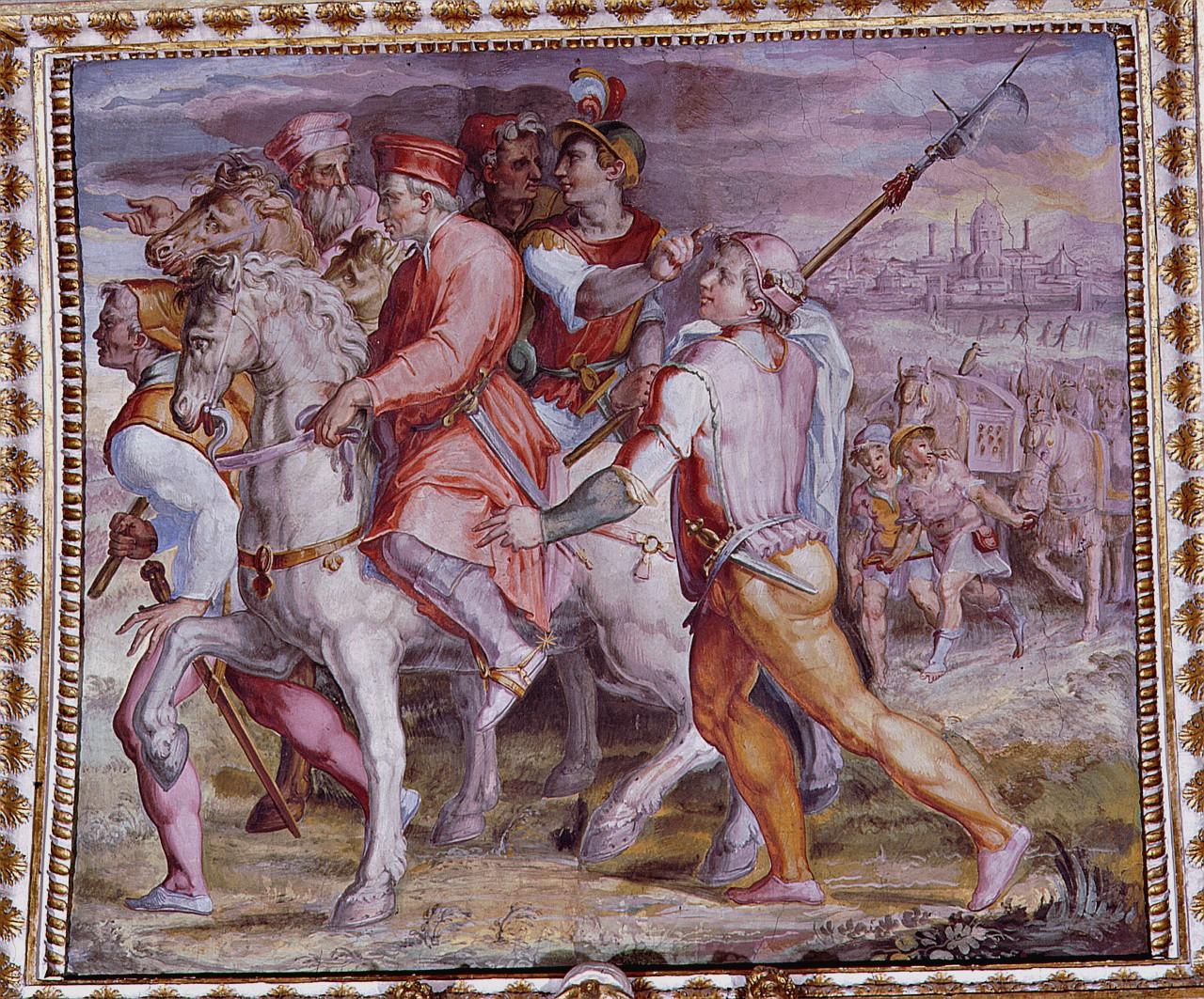 Cosimo il Vecchio parte per l'esilio (dipinto) di Vasari Giorgio, Marchetti Marco detto Marco da Faenza (sec. XVI)