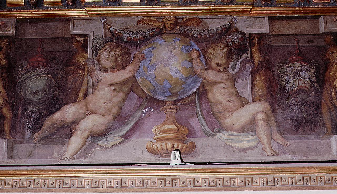 putti che sorreggono un globo, balconata, cariatidi e telamoni (dipinto) di Vasari Giorgio (e aiuti) (sec. XVI)