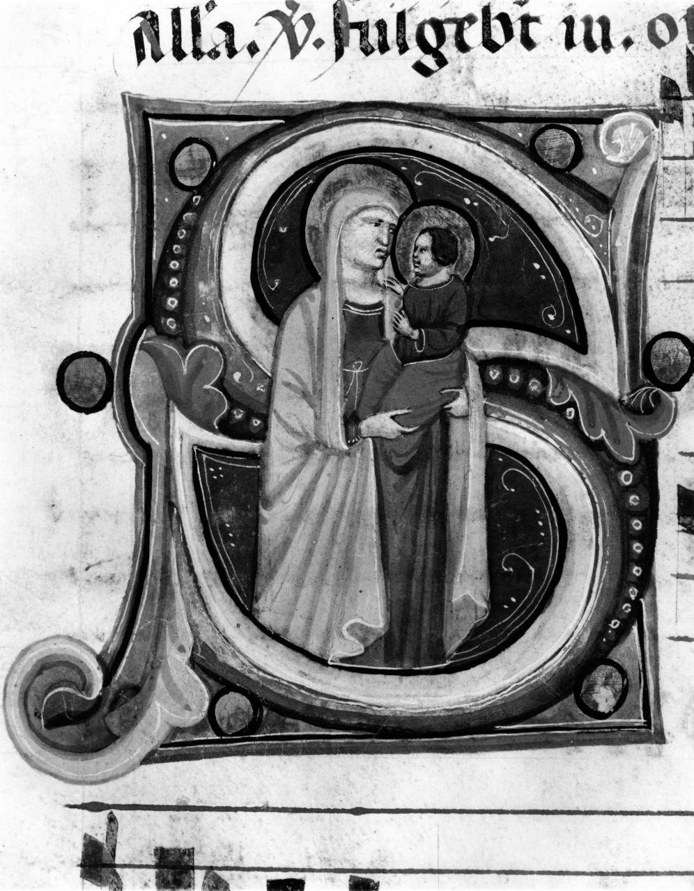 Madonna con Bambino, lettera S (miniatura) di Primo Maestro di S. Eugenio, Secondo Maestro di S. Eugenio (sec. XIV)
