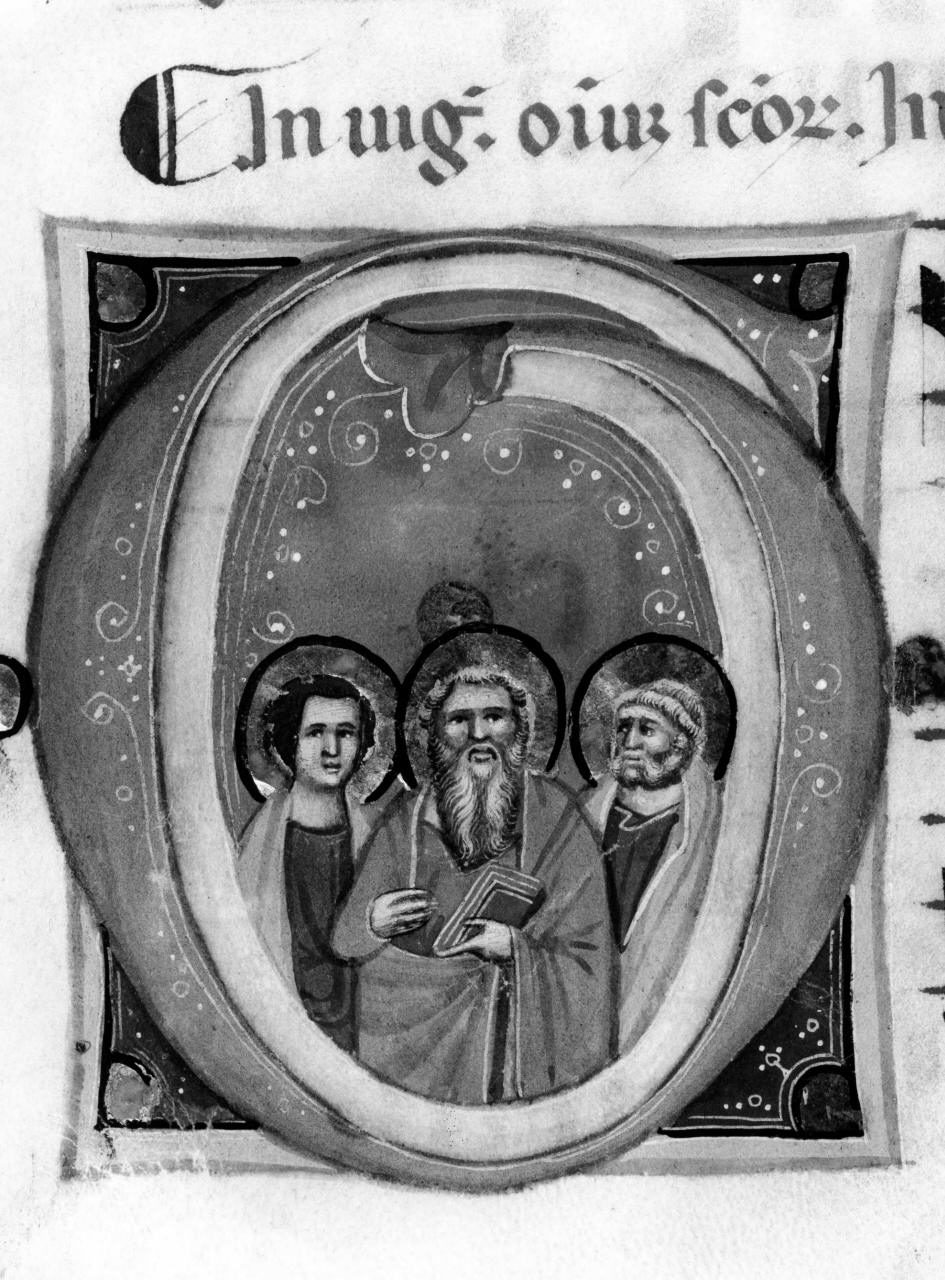 santi, lettera G (miniatura) di Primo Maestro di S. Eugenio, Secondo Maestro di S. Eugenio (sec. XIV)