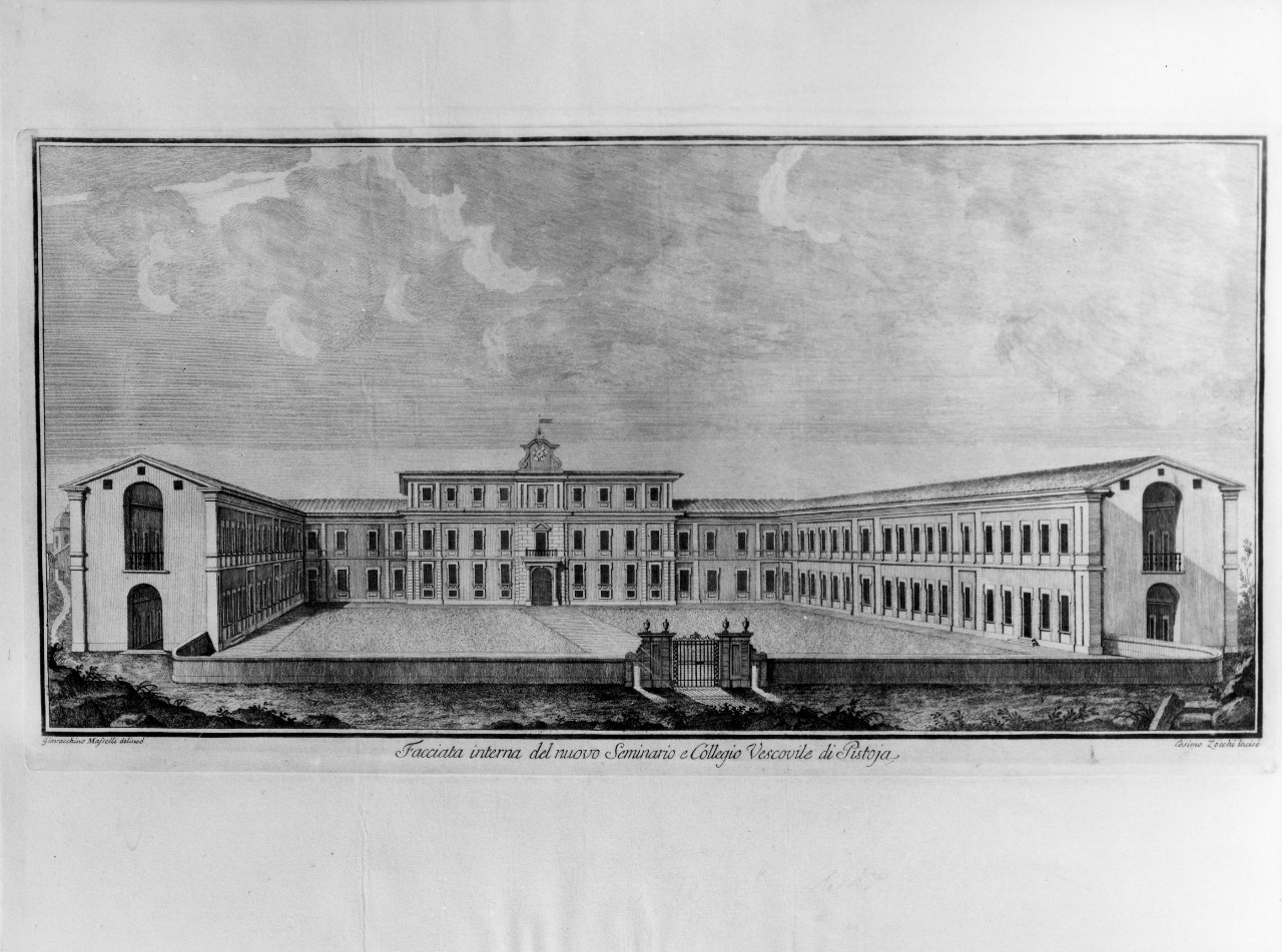 veduta della facciata interna del nuovo Seminario (stampa) di Masselli Gioacchino (attribuito), Zocchi Cosimo (attribuito) (seconda metà sec. XVIII)