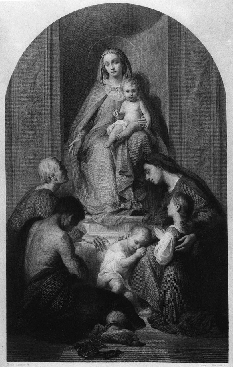 Madonna con Bambino e devoti (stampa) di Barabino Nicolò, Chiossone Edoardo (sec. XIX)