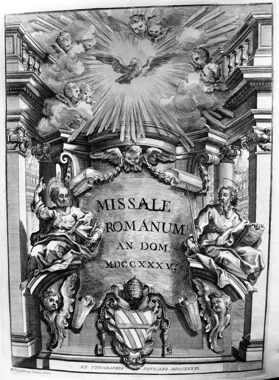 Architettura scenografica con San Pietro, San Paolo ed angeli (stampa) di Conca Sebastiano (secondo quarto sec. XVIII)