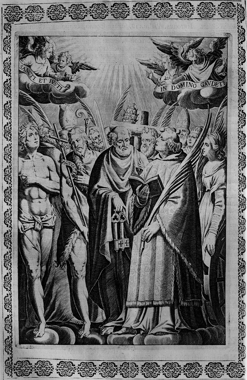 san Sebastiano, san Giovanni battista, san Pietro, santo Stefano, santa Caterina d'Alessandria (stampa) di Piccini Elisabetto detta Suor Isabella (sec. XVII)
